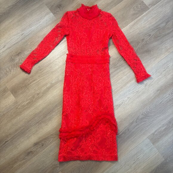 Alexis Anabella Lace Midi Dress in red size XS sheer panels long sleeve 0 2 - Picture 4 of 15
